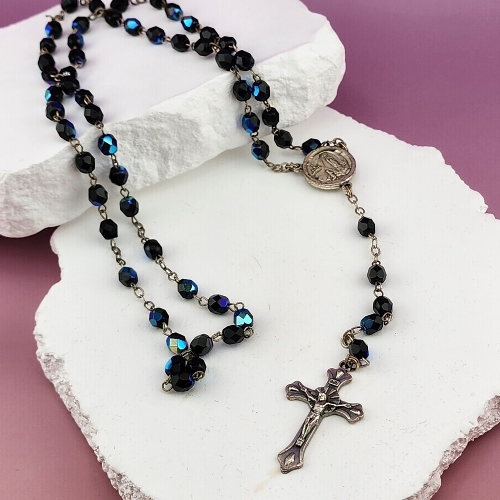 Black Glass Bead Rosary Necklace Crucifix Cross Catholic Gothic Religious Gift